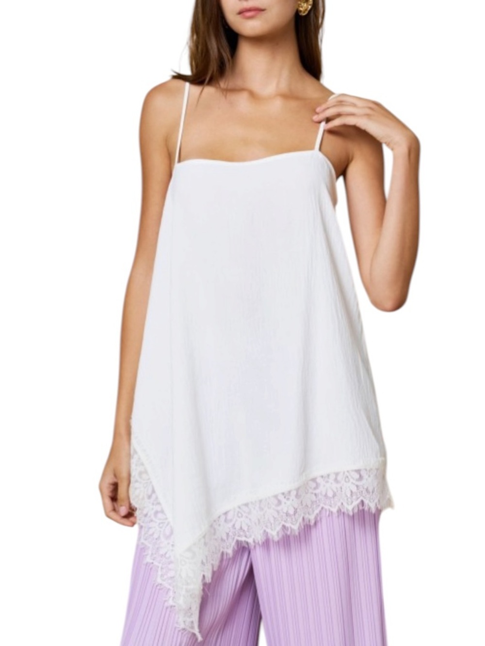 White Lace-Hem Spaghetti Strap Cami Top